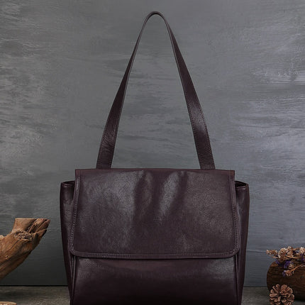 Solid Color Cowhide Tote Bag Simple Commute Shoulder Messenger Bag For Women