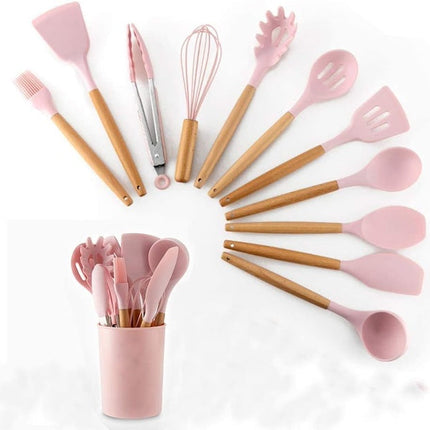 12pcs Silicone Spoons Set, Wooden Handle Silicone Cooking Spoon Set, High Temperature Resistant Silicone Spatula Kitchen Utensils
