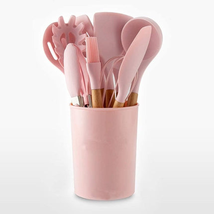 12pcs Silicone Spoons Set, Wooden Handle Silicone Cooking Spoon Set, High Temperature Resistant Silicone Spatula Kitchen Utensils