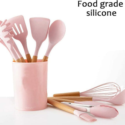12pcs Silicone Spoons Set, Wooden Handle Silicone Cooking Spoon Set, High Temperature Resistant Silicone Spatula Kitchen Utensils