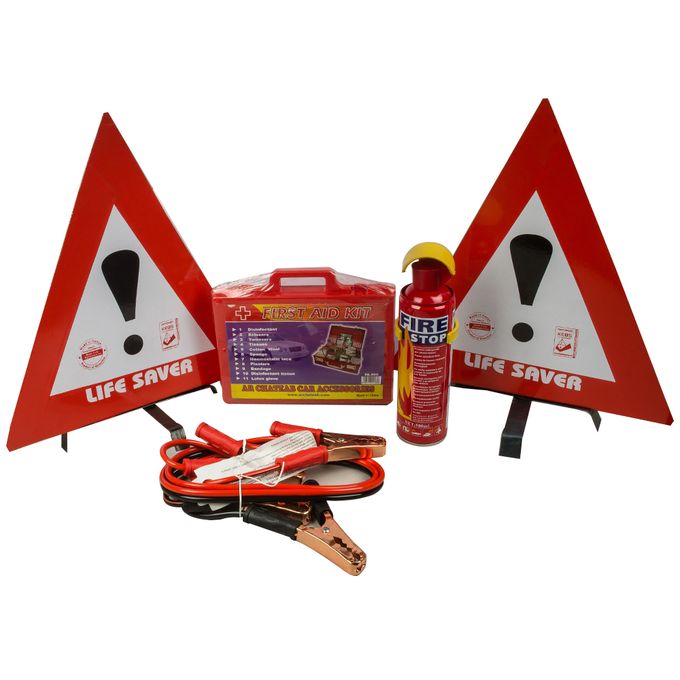 Car Life Saver Bundle Fire Extinguisher First Aid Kit Jumper Cables Metal