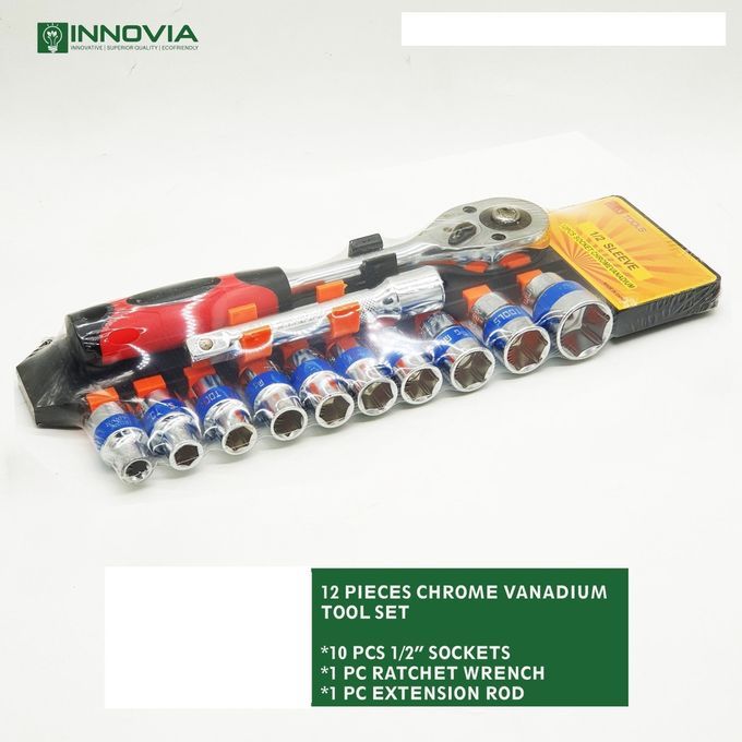 12-Piece Chrome Vanadium Steel Socket Spanner Set with Ratchet Handle