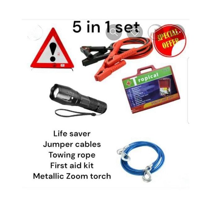 5-in-1 Complete Emergency Kit Jumper Cable Tow Rope First Aid