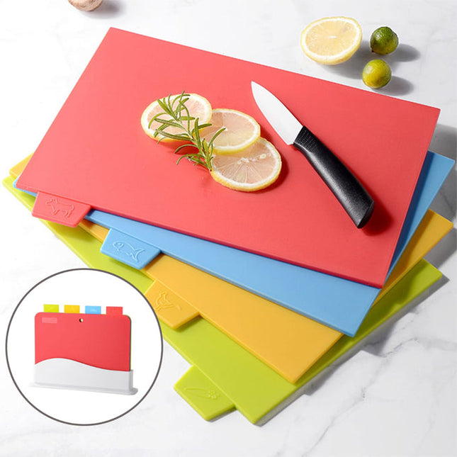 Multifunctional 4-color cutting board-(4 piece set) with storage shelf.