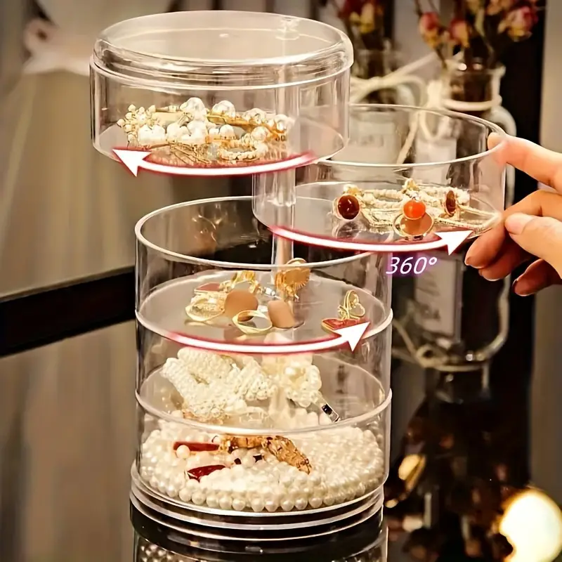 Elegant 3-Tier Rotating Jewelry Organizer Box, Clear Plastic 360° Swivel Display