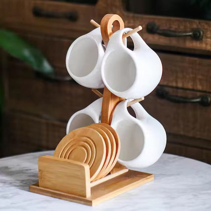 New White Ceramic Coffee Tea Cup Set of 6 with Mug Rack and Saucer for Home Office Coffee Cup Tea Set