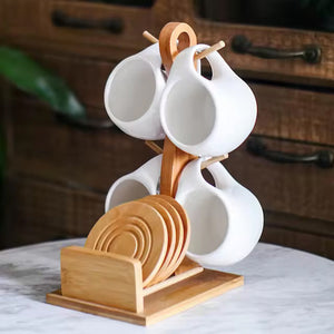 New White Ceramic Coffee Tea Cup Set of 6 with Mug Rack and Saucer for Home Office Coffee Cup Tea Set
