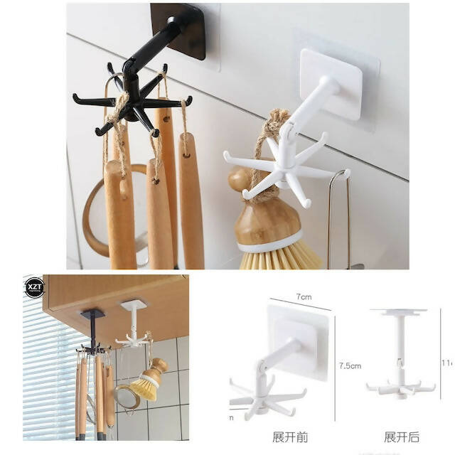 Multifunction shelf 6 rotating hooks organizer, 360 Degree Rotating Design, Adhesive Sticker