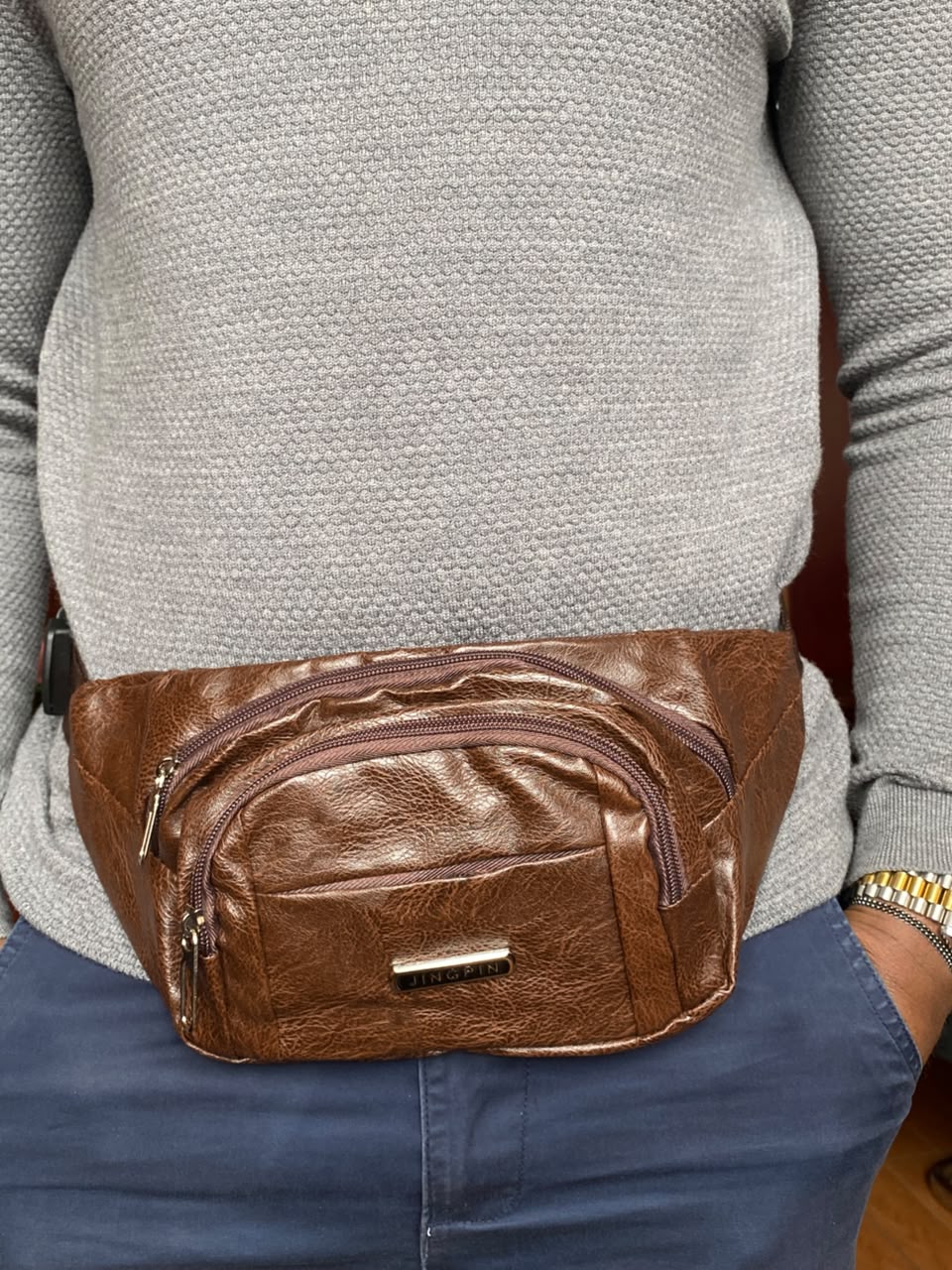 Premium Fashion Waist Bag  Textured Faux Leather Brown
