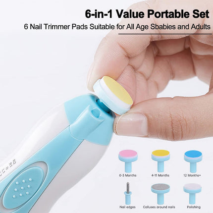 Baby Nail Trimmer Electric, Low Noise Newborn Safe Nail Clipper Kit with Light and Replaceable 6 Grinding Heads