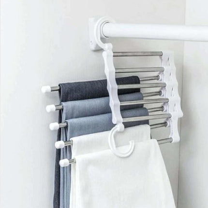 5 in 1 Stainless Steel Multi-Purpose Pants Hangers Jeans Clothes Organizer Folding Storage Rack Space Saver for Hanging