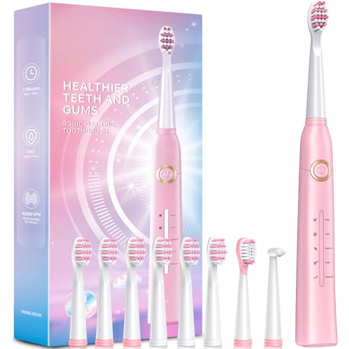 Electric Toothbrush, Sonic Toothbrushes with 8 Brush Heads 40000 VPM 5 Modes, Sonic Toothbrushes Fast Charge 4 Hours Last 30 Days (Black) - Color: Blompink