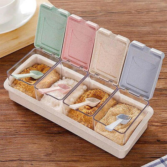 Multi-coloured wheat stalk seasoning 4 piece spice set with 4 spoons and holder tray