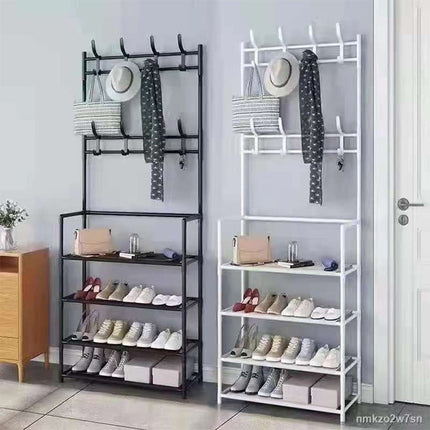 Metal Multifunction Garment Rack with Double-Row Hooks and 5 Storage Shelf