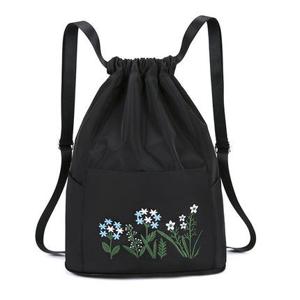 Travel Drawstring Bag Waterproof Flower Print Foldable Embroidery Design Drawstring Backpack for Outdoor