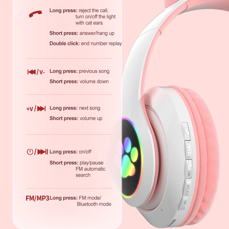 Vedo Flash Lamp Cute Cat Ears Bluetooth 5.0 Wireless Kids Headphones with Mic