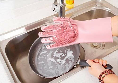 Silicone Dishwashing Gloves With Scrubber Reusable Rubber Gloves For Home Kitchen Bathroom Car Washing