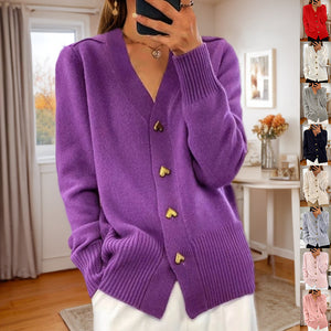 V-neck Knitted Sweater With Love Button Fashion Solid Long-sleeved Cardigan Spring And Autumn Women's Clothing