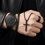 Men's 4-in-1 Watch and Jewelry Set Black Calendar Watch Rings Bracelet Necklace Titanium Steel Cross