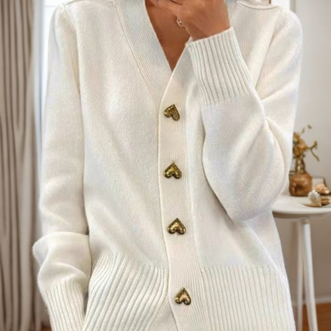 V-neck Knitted Sweater With Love Button Fashion Solid Long-sleeved Cardigan Spring And Autumn Women's Clothing