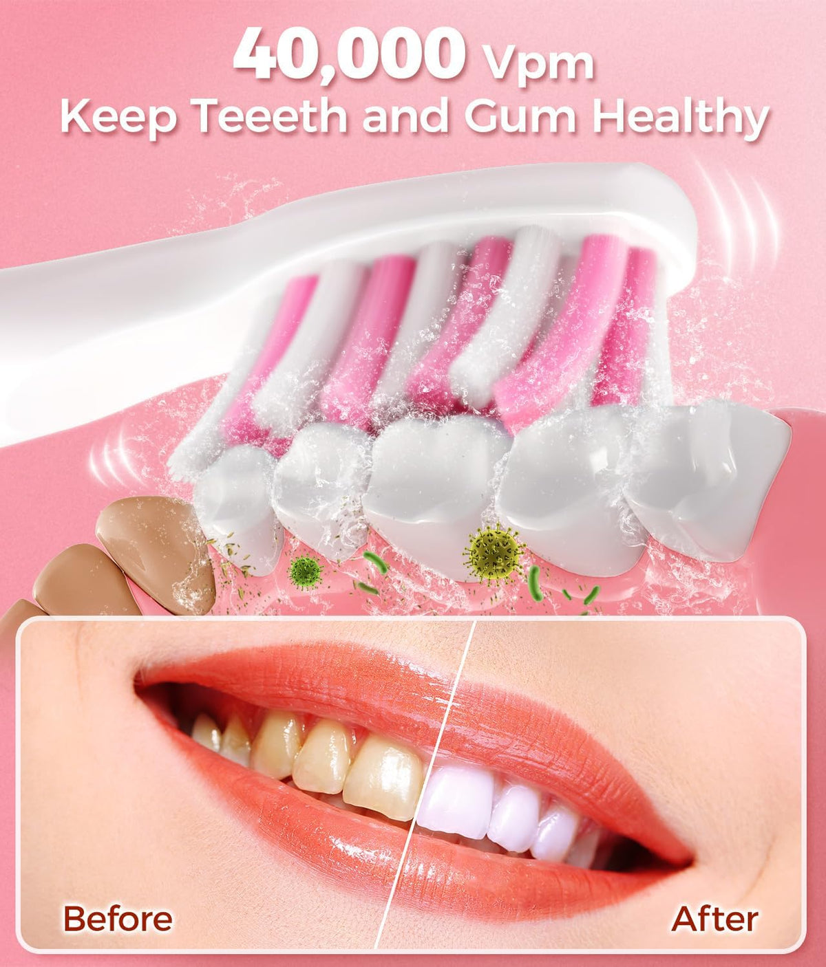 Electric Toothbrush, Sonic Toothbrushes with 8 Brush Heads 40000 VPM 5 Modes, Sonic Toothbrushes Fast Charge 4 Hours Last 30 Days (Black) - Color: Blompink