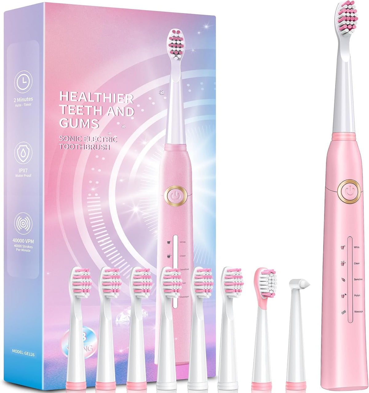 Electric Toothbrush, Sonic Toothbrushes with 8 Brush Heads 40000 VPM 5 Modes, Sonic Toothbrushes Fast Charge 4 Hours Last 30 Days (Black) - Color: Blompink