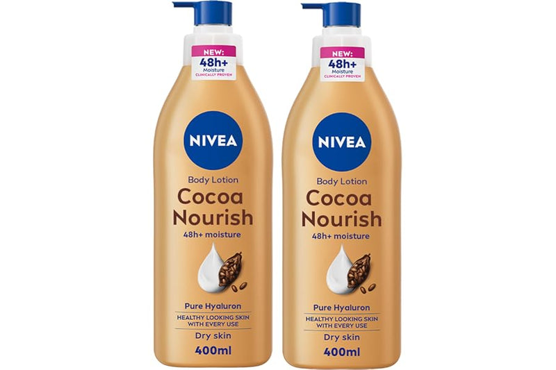 NIVEA Body Lotion for Dry Skin, Cocoa Butter with 100% Pure Hyaluron, 48H Deep Moisture, 2x400ml