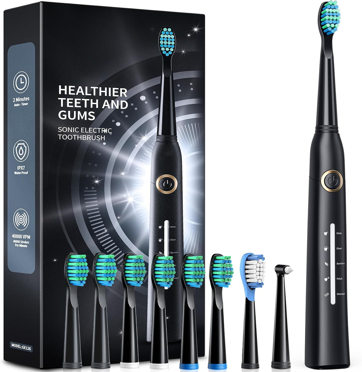 Electric Toothbrush, Sonic Toothbrushes with 8 Brush Heads 40000 VPM 5 Modes, Sonic Toothbrushes Fast Charge 4 Hours Last 30 Days (Black) - Color: Blackone