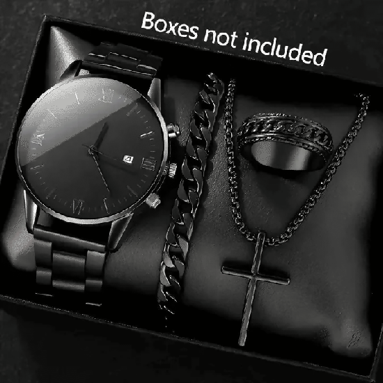 Men's 4-in-1 Watch and Jewelry Set Black Calendar Watch Rings Bracelet Necklace Titanium Steel Cross