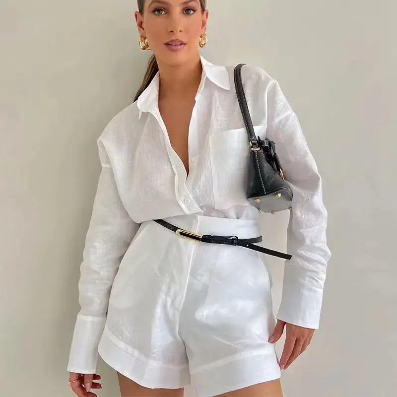 Women Long Sleeve 2 Pieces Sets Casual Simple Button Pockets Short Pant with Shirts Tops 2024 Summer Fashion Suit Female Outfits