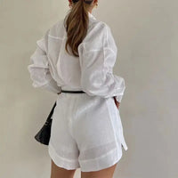 Women Long Sleeve 2 Pieces Sets Casual Simple Button Pockets Short Pant with Shirts Tops 2024 Summer Fashion Suit Female Outfits