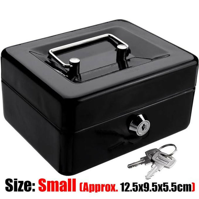Small Cash Box Black Metal Storage Piggy Bank Safety Deposit for Money