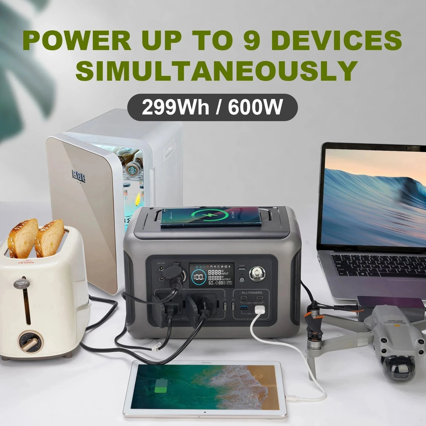 Portable Power Station R600, 299Wh LiFeP04 Battery with 2x600W (1200W arises) AC Outlets for Outdoor Camping RV Home