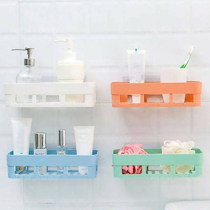 Simple Adhesive Plastic Bathroom Shelf, Easy Install, No Drill, Quick Drain, Space-Saving Organizer