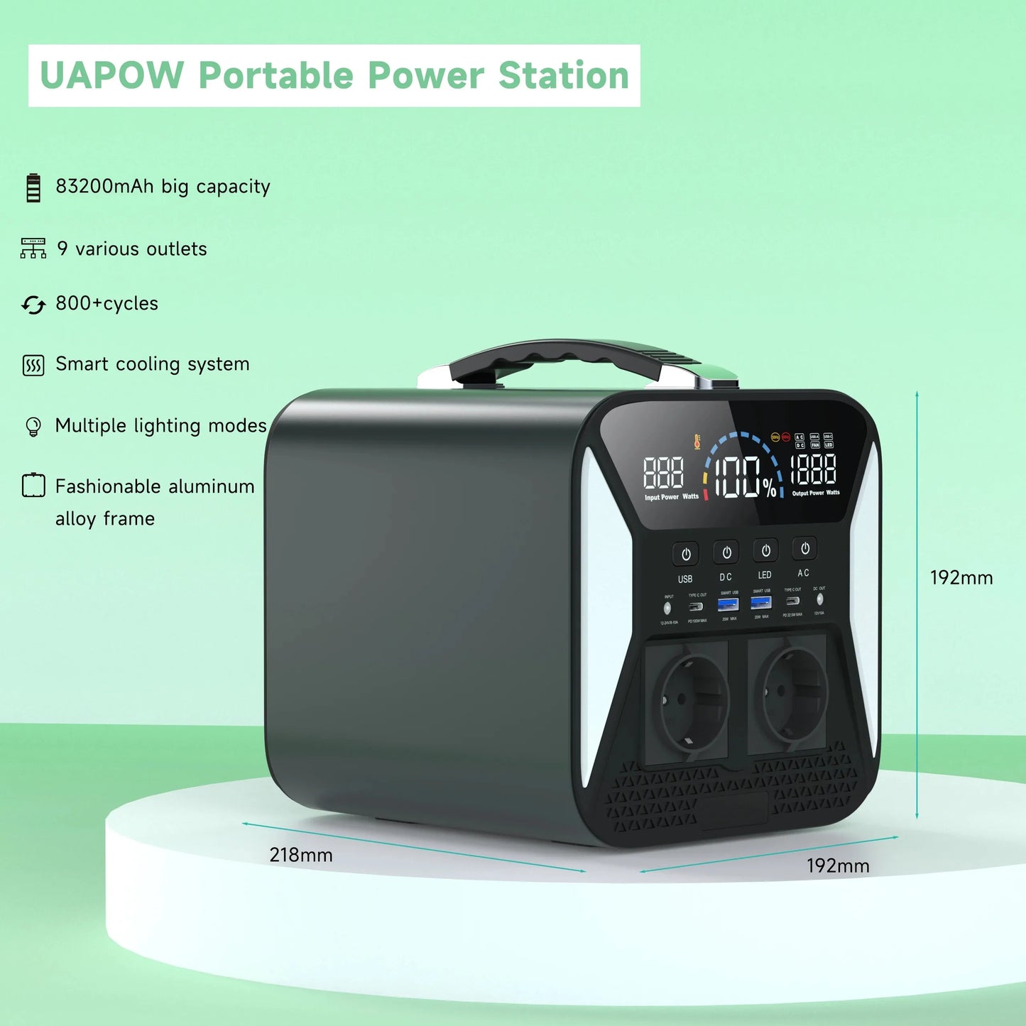 Portable Power Station 300/500/1000Wh with 2 x AC / USB-C Outlets, Fast Charging Silent Solar Generator for Home Outdoor RV