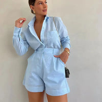 Women Long Sleeve 2 Pieces Sets Casual Simple Button Pockets Short Pant with Shirts Tops 2024 Summer Fashion Suit Female Outfits