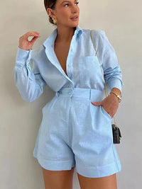 Women Long Sleeve 2 Pieces Sets Casual Simple Button Pockets Short Pant with Shirts Tops 2024 Summer Fashion Suit Female Outfits