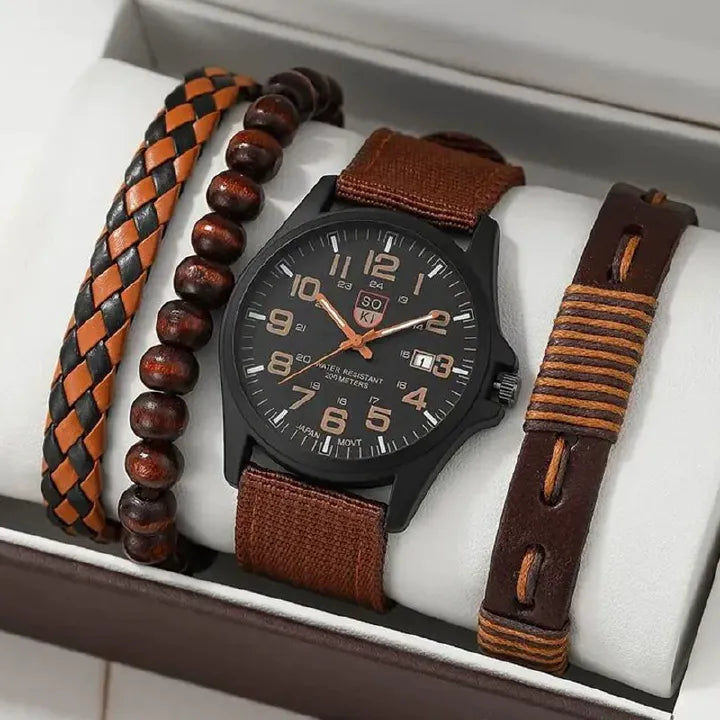 4-in-1 Men's Watch Set Quartz Business Casual Round Pointer Calendar Canvas Band Bracelet Accessories
