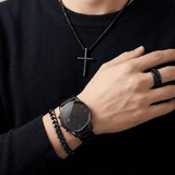 Men's 4-in-1 Watch and Jewelry Set Black Calendar Watch Rings Bracelet Necklace Titanium Steel Cross