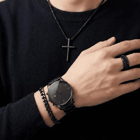 Men's 4-in-1 Watch and Jewelry Set Black Calendar Watch Rings Bracelet Necklace Titanium Steel Cross