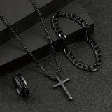 Men's 4-in-1 Watch and Jewelry Set Black Calendar Watch Rings Bracelet Necklace Titanium Steel Cross