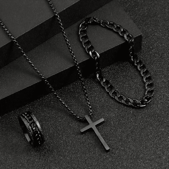 Men's 4-in-1 Watch and Jewelry Set Black Calendar Watch Rings Bracelet Necklace Titanium Steel Cross