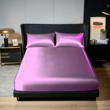 Kuup 100%Polyester 3pcs satin surface Bedding Fitted Sheet and pillowcases Set Elastic Band Around Mattress Cover King Bed Cover