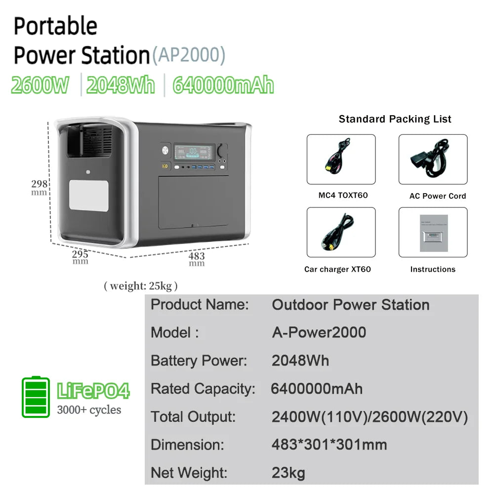 LiFePO4 Portable Power Station 2600W 2048WH Mobile Power Supply Solar Generators 1800W 1024WH Battery Power Storage For Camping