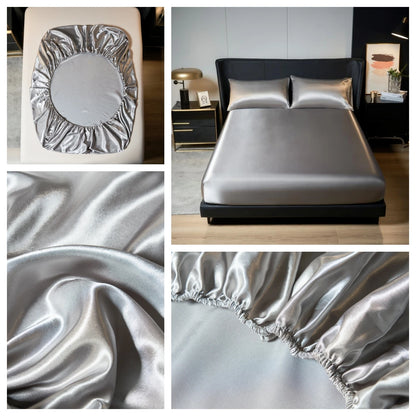Kuup 100%Polyester 3pcs satin surface Bedding Fitted Sheet and pillowcases Set Elastic Band Around Mattress Cover King Bed Cover