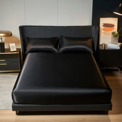 Kuup 100%Polyester 3pcs satin surface Bedding Fitted Sheet and pillowcases Set Elastic Band Around Mattress Cover King Bed Cover