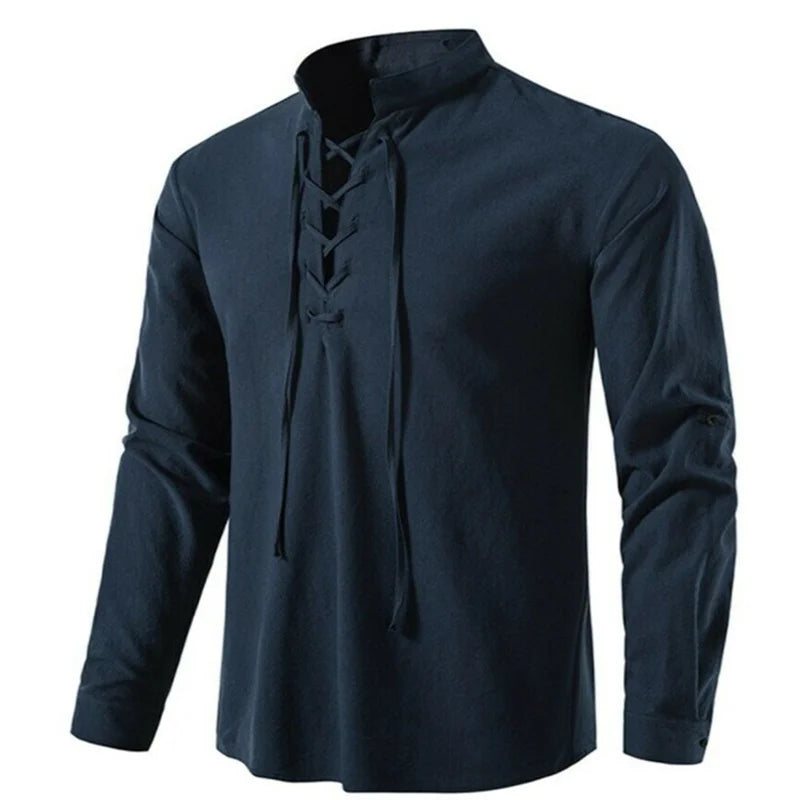 2022 New Men's V-neck shirt T-shirt Fashion Vintage Thin Long Sleeve Top men Casual Breathable  Front Lace Up man Shirts