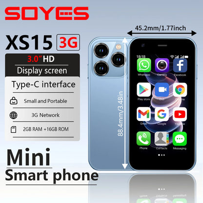 SOYES XS15 Blue 3G Mini Smartphone 3.0" HD Screen 2G RAM 16G ROM Dual SIM Standby Play Store Multiple colors available More Apps