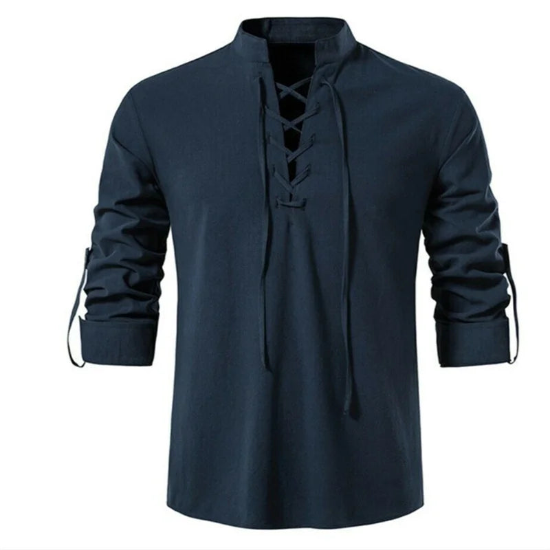 2022 New Men's V-neck shirt T-shirt Fashion Vintage Thin Long Sleeve Top men Casual Breathable  Front Lace Up man Shirts