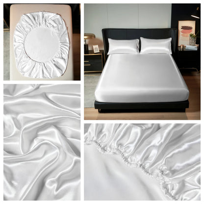 Kuup 100%Polyester 3pcs satin surface Bedding Fitted Sheet and pillowcases Set Elastic Band Around Mattress Cover King Bed Cover